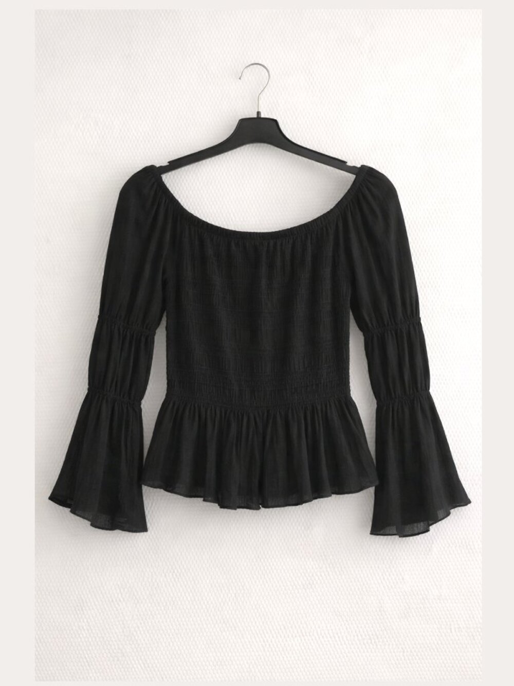 ENKAY Black Off/On Shoulder Smock Top long sleeve flare NWT M boho festival